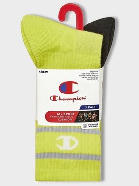 Champion Crew Socks - Neon Yellow & Black, 3-Pack Mens 4-8 Womens 5-10 Medium